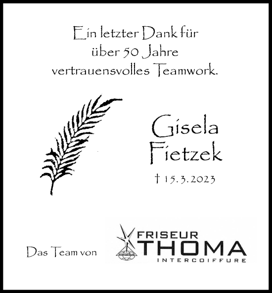 Anzeige von Gisela Fitzek von MGO