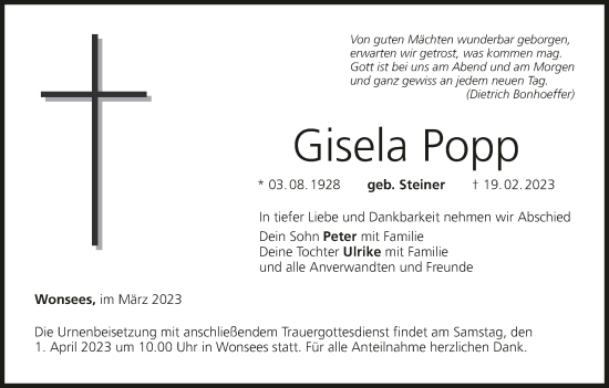 Anzeige von Gisela Popp von MGO