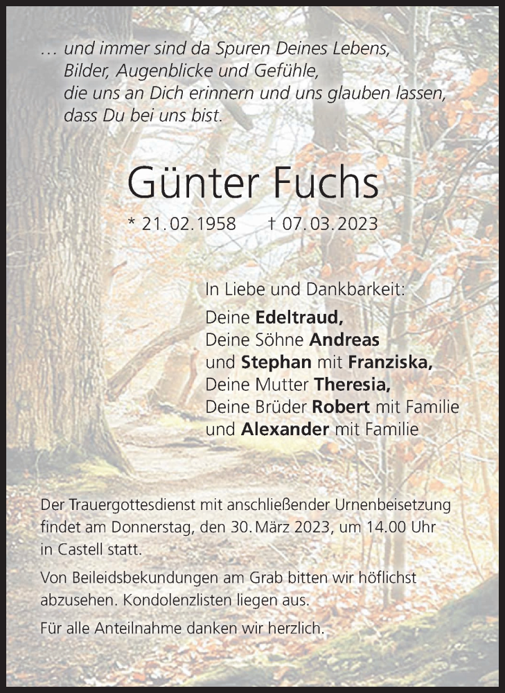  Traueranzeige für Günter Fuchs Fuchs vom 28.03.2023 aus MGO