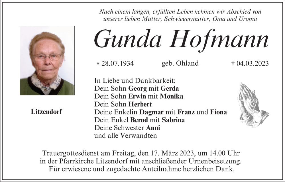  Traueranzeige für Gunda Hofmann vom 11.03.2023 aus MGO