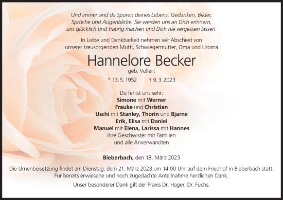 Anzeige von Hannelore Becker von MGO