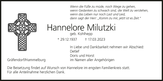 Anzeige von Hannelore Milutzki von MGO