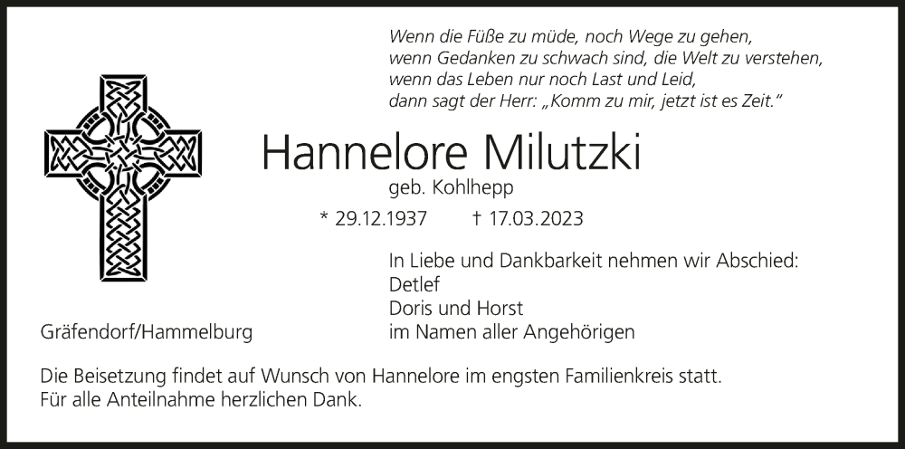  Traueranzeige für Hannelore Milutzki vom 25.03.2023 aus MGO