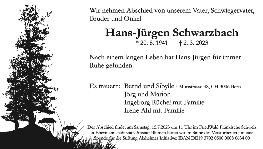  Traueranzeige für Hans-Jürgen Schwarzbach vom 11.03.2023 aus MGO