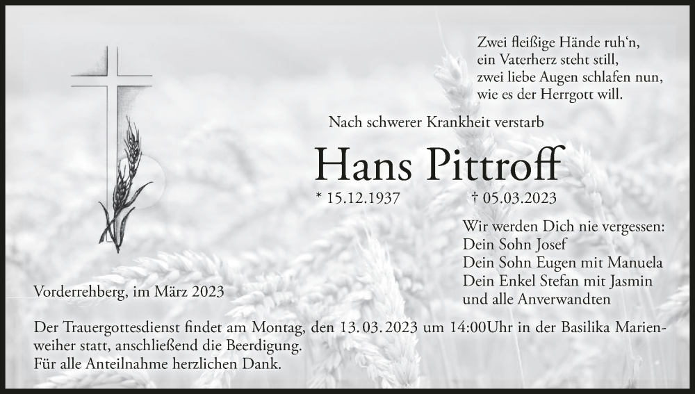  Traueranzeige für Hans Pittroff vom 11.03.2023 aus MGO