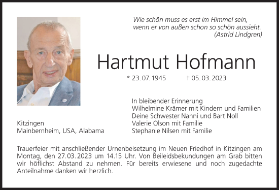 Anzeige von Hartmut Hofmann von MGO