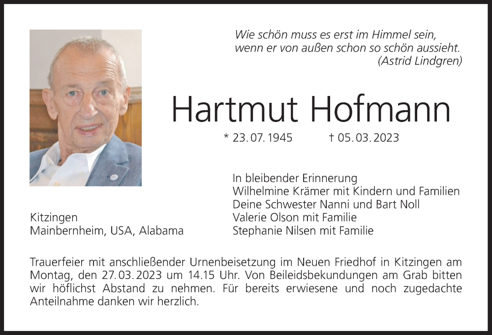  Traueranzeige für Hartmut Hofmann vom 22.03.2023 aus MGO
