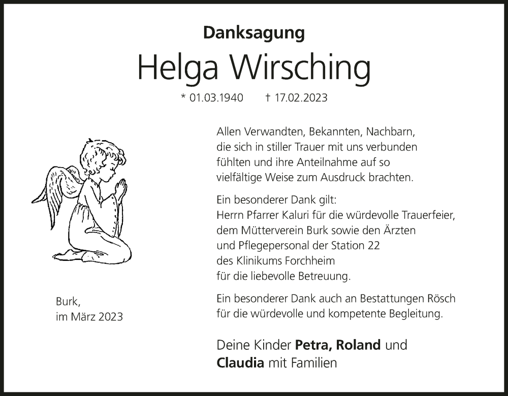  Traueranzeige für Helga Wirsching vom 25.03.2023 aus MGO