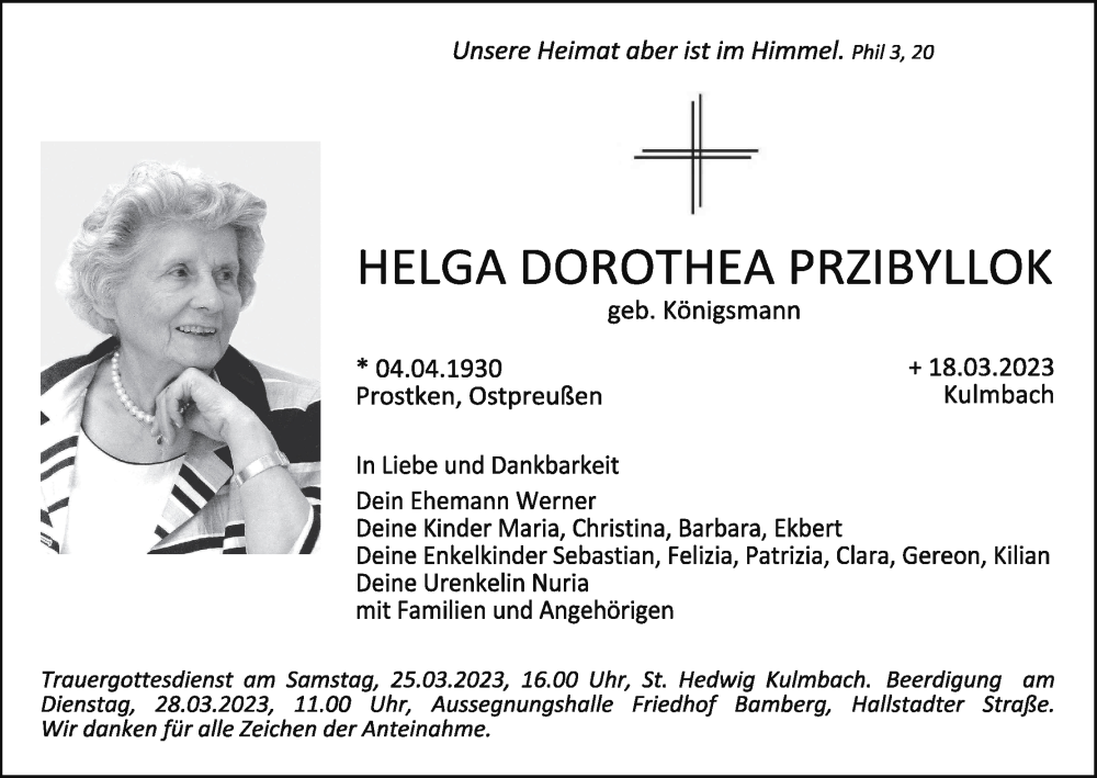  Traueranzeige für Helga Dorothea Przibyllok vom 25.03.2023 aus MGO