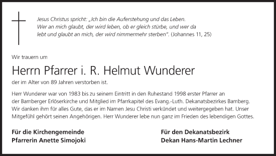 Anzeige von Helmut Wunderer von MGO