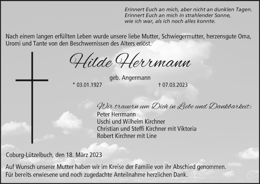  Traueranzeige für Hilde Herrmann vom 18.03.2023 aus MGO