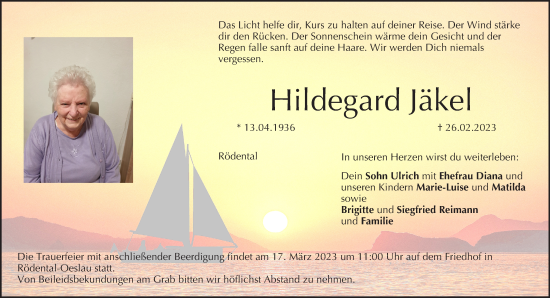 Anzeige von Hildegard Jäkel von MGO
