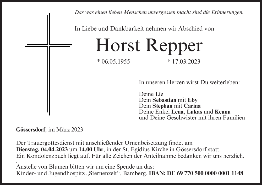  Traueranzeige für Horst Reppqer vom 01.04.2023 aus MGO