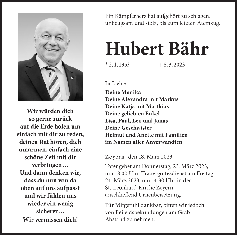  Traueranzeige für Hubert Bähr vom 18.03.2023 aus MGO