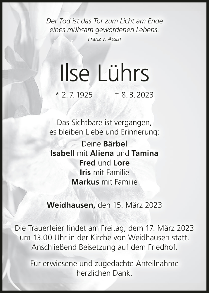  Traueranzeige für Ilse Lührs vom 15.03.2023 aus MGO