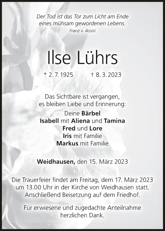Anzeige von Ilse Lührs von MGO