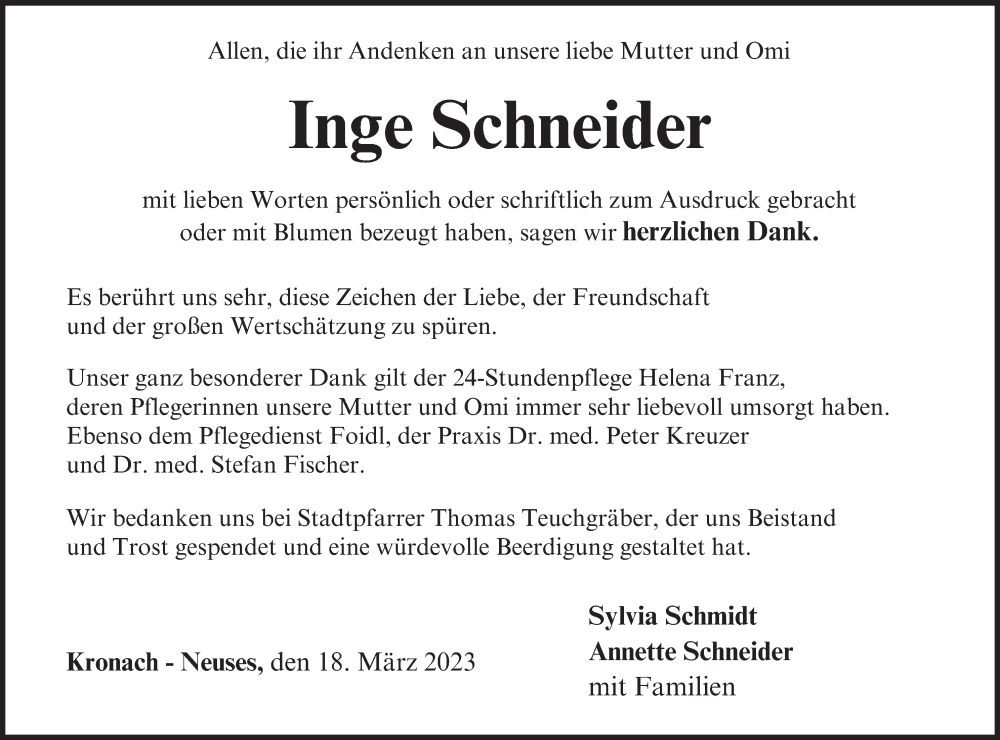  Traueranzeige für Inge Schneider vom 18.03.2023 aus MGO