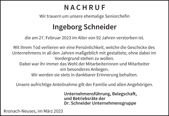 Anzeige von Ingeborg Schneider von MGO