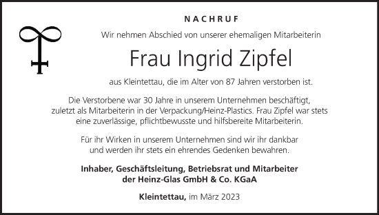 Anzeige von Ingrid Zipfel von MGO