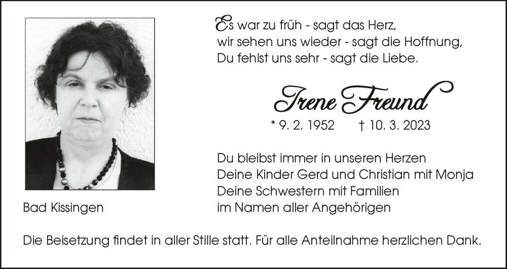  Traueranzeige für Irene Freund vom 18.03.2023 aus MGO