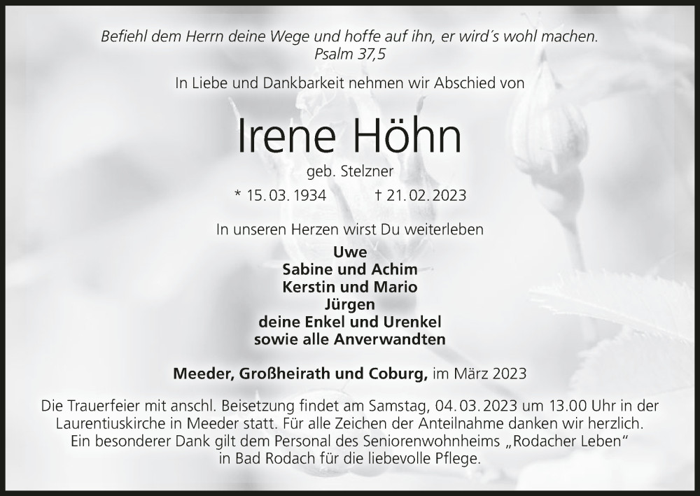  Traueranzeige für Irene Höhn vom 02.03.2023 aus MGO