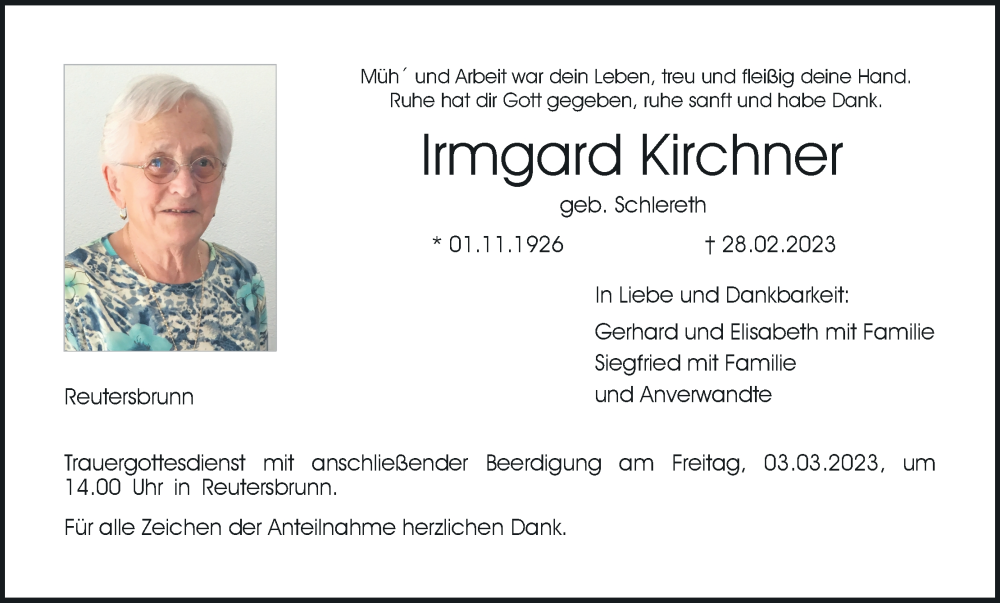  Traueranzeige für Irmgard Kirchner vom 02.03.2023 aus MGO