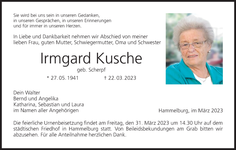  Traueranzeige für Irmgard Kusche vom 27.03.2023 aus MGO