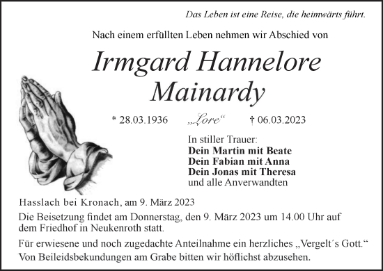 Anzeige von Irmgard Hannelore Mainardy von MGO