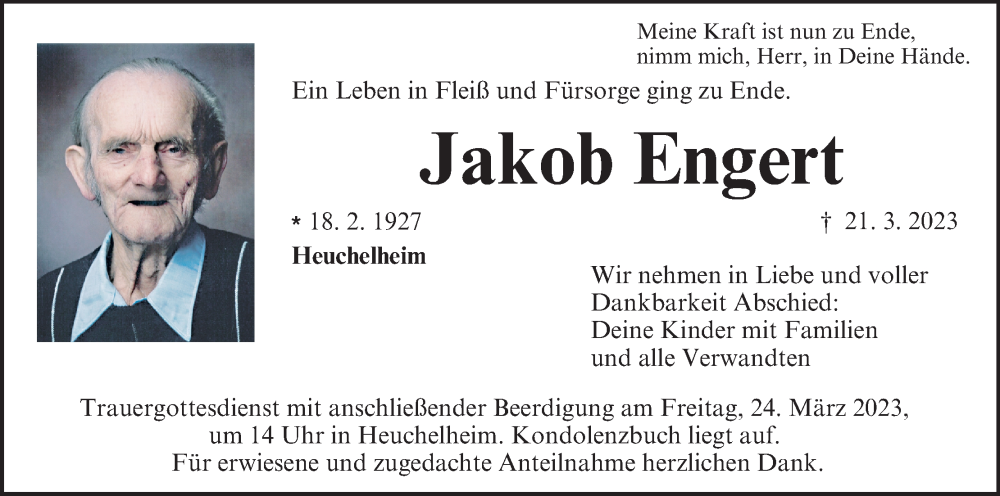  Traueranzeige für Jakob Engert vom 22.03.2023 aus MGO