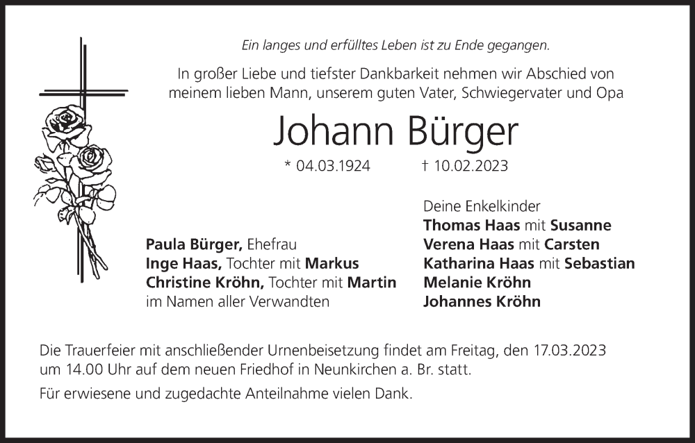  Traueranzeige für Johann Bürger vom 14.03.2023 aus MGO