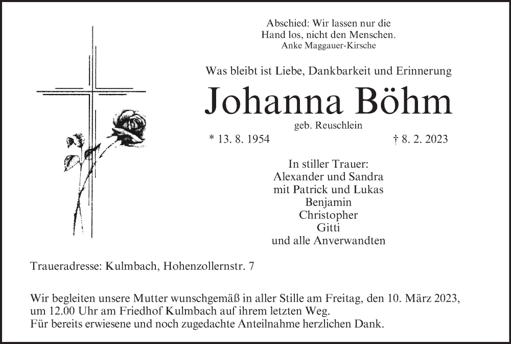  Traueranzeige für Johanna Böhm vom 04.03.2023 aus MGO