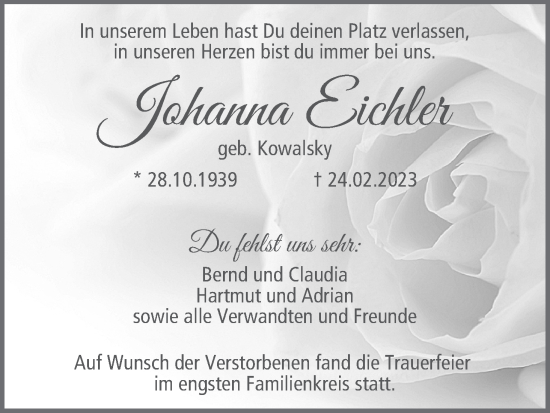Anzeige von Johanna Eichler von MGO