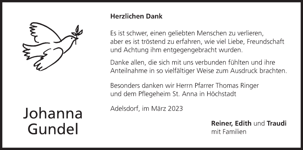  Traueranzeige für Johanna Gundel vom 03.03.2023 aus MGO