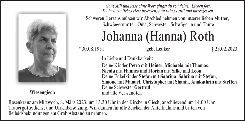  Traueranzeige für Johanna Roth vom 04.03.2023 aus MGO