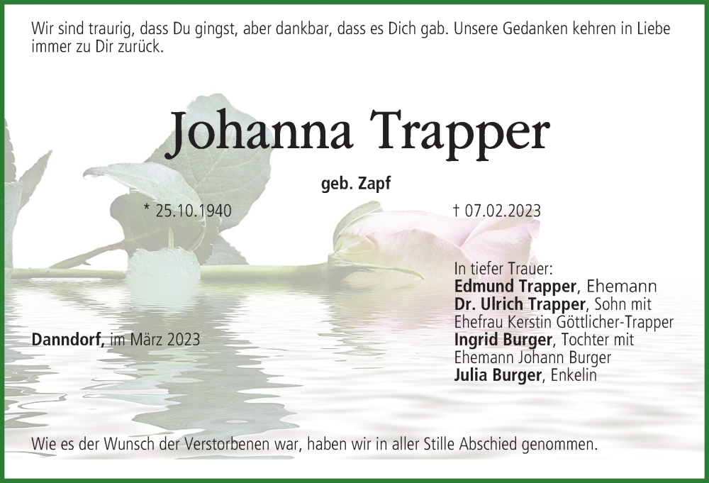  Traueranzeige für Johanna Trapper vom 21.03.2023 aus MGO