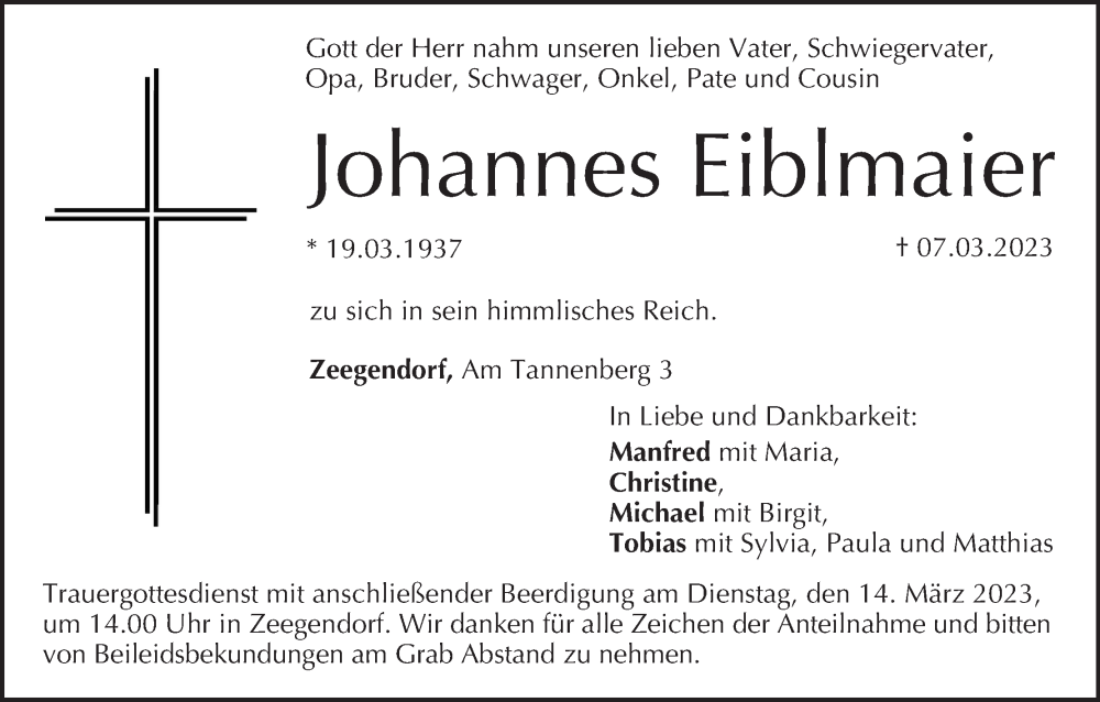  Traueranzeige für Johannes Eiblmaier vom 11.03.2023 aus MGO