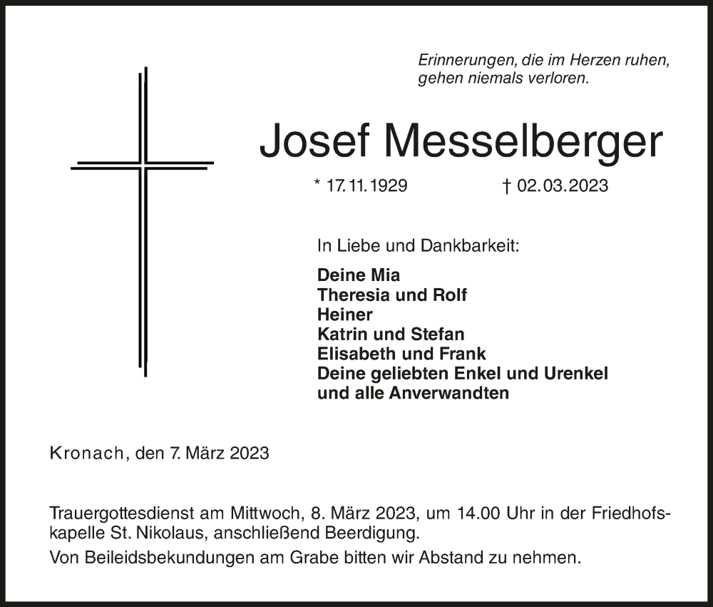  Traueranzeige für Josef Messelberger vom 07.03.2023 aus MGO