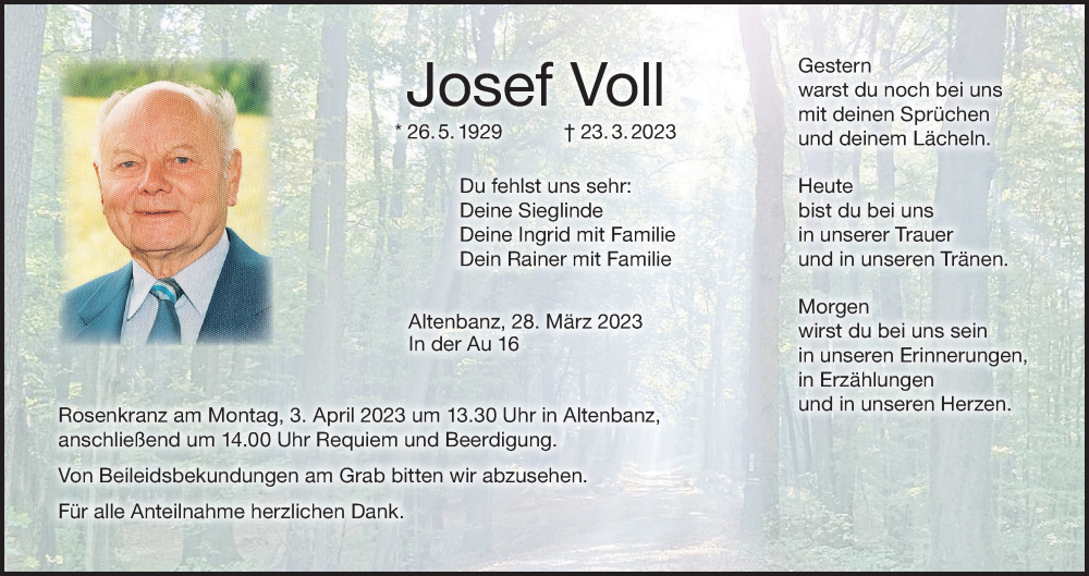  Traueranzeige für Josef Voll vom 28.03.2023 aus MGO