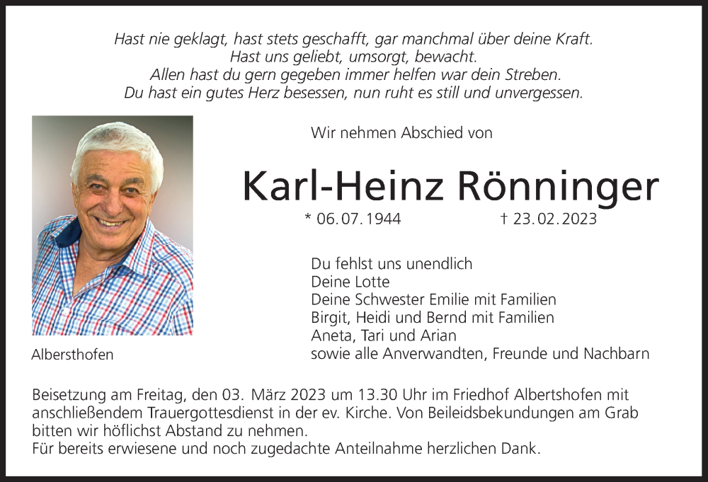  Traueranzeige für Karl-Heinz Rönninger vom 28.02.2023 aus MGO