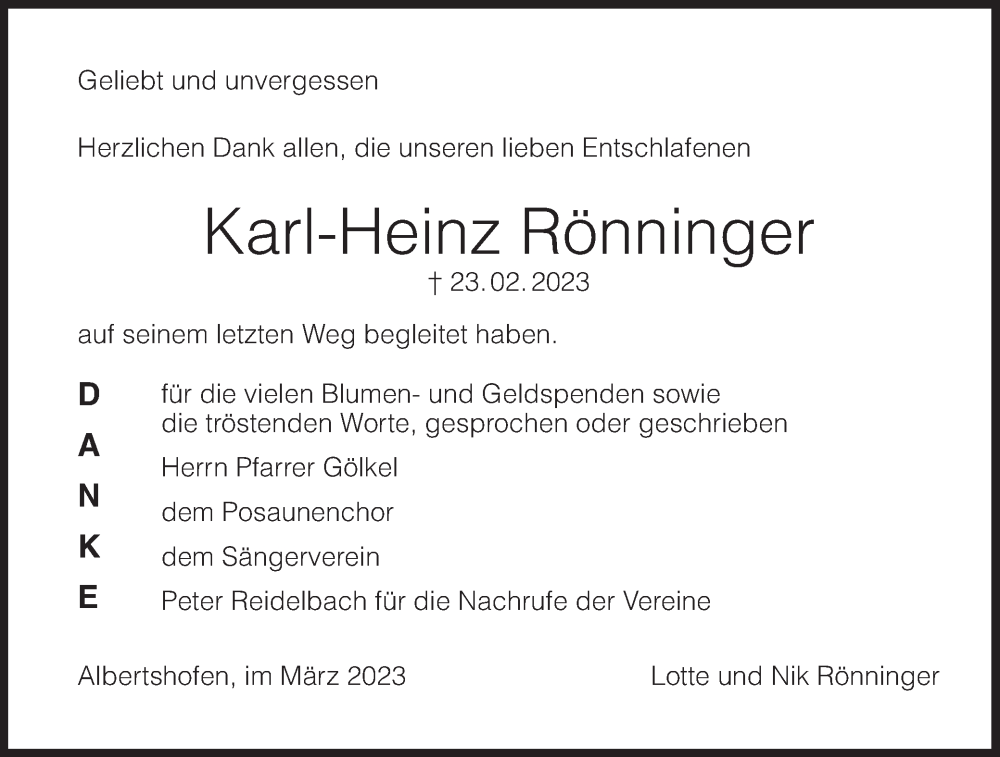  Traueranzeige für Karl-Heinz Rönninger vom 11.03.2023 aus MGO