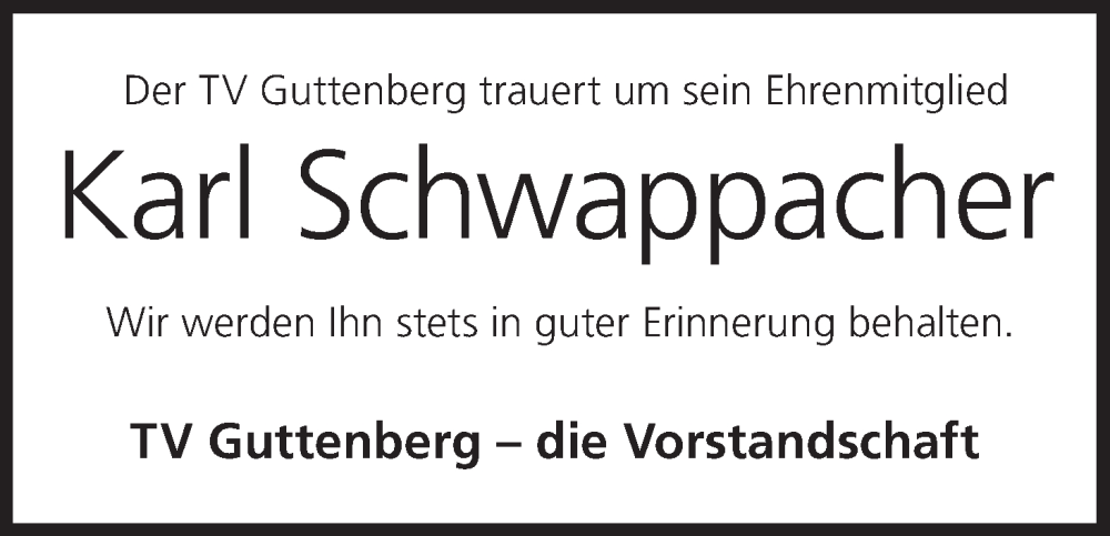  Traueranzeige für Karl Schwappacher vom 15.03.2023 aus MGO