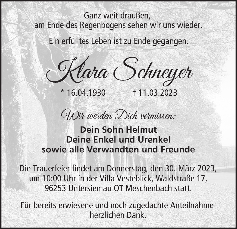  Traueranzeige für Klara Schneyer vom 25.03.2023 aus MGO