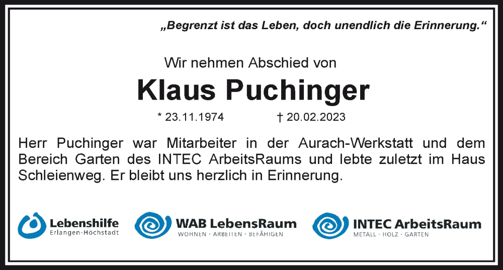  Traueranzeige für Klaus Puchinger vom 09.03.2023 aus MGO