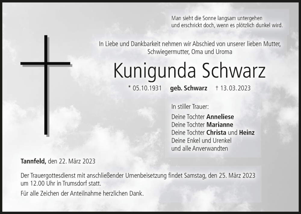  Traueranzeige für Kunigunda Schwarz vom 22.03.2023 aus MGO