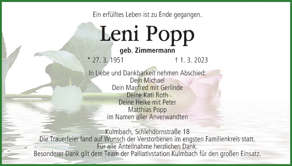  Traueranzeige für Leni Popp vom 25.03.2023 aus MGO
