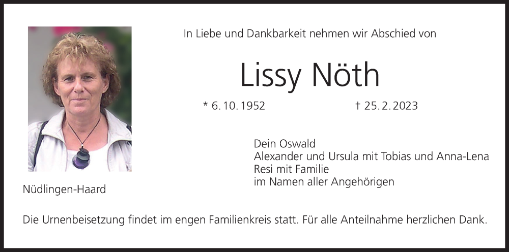  Traueranzeige für Lissy Nöth vom 04.03.2023 aus MGO