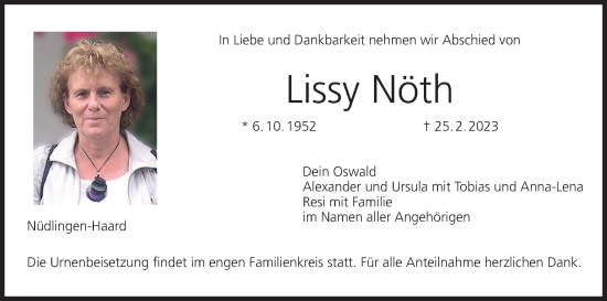 Anzeige von Lissy Nöth von MGO