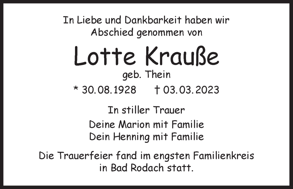  Traueranzeige für Lotte Krauße vom 28.03.2023 aus MGO