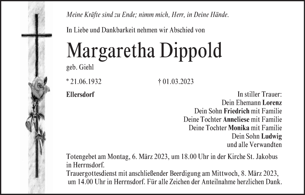  Traueranzeige für Margaretha Dippold vom 04.03.2023 aus MGO
