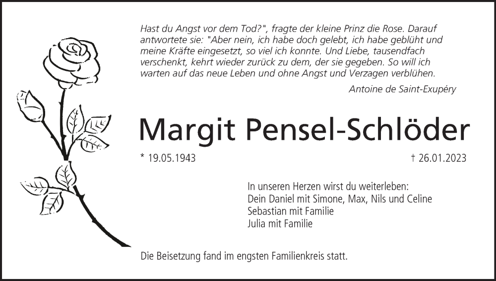  Traueranzeige für Margit Pensel-Schlöder vom 06.03.2023 aus MGO